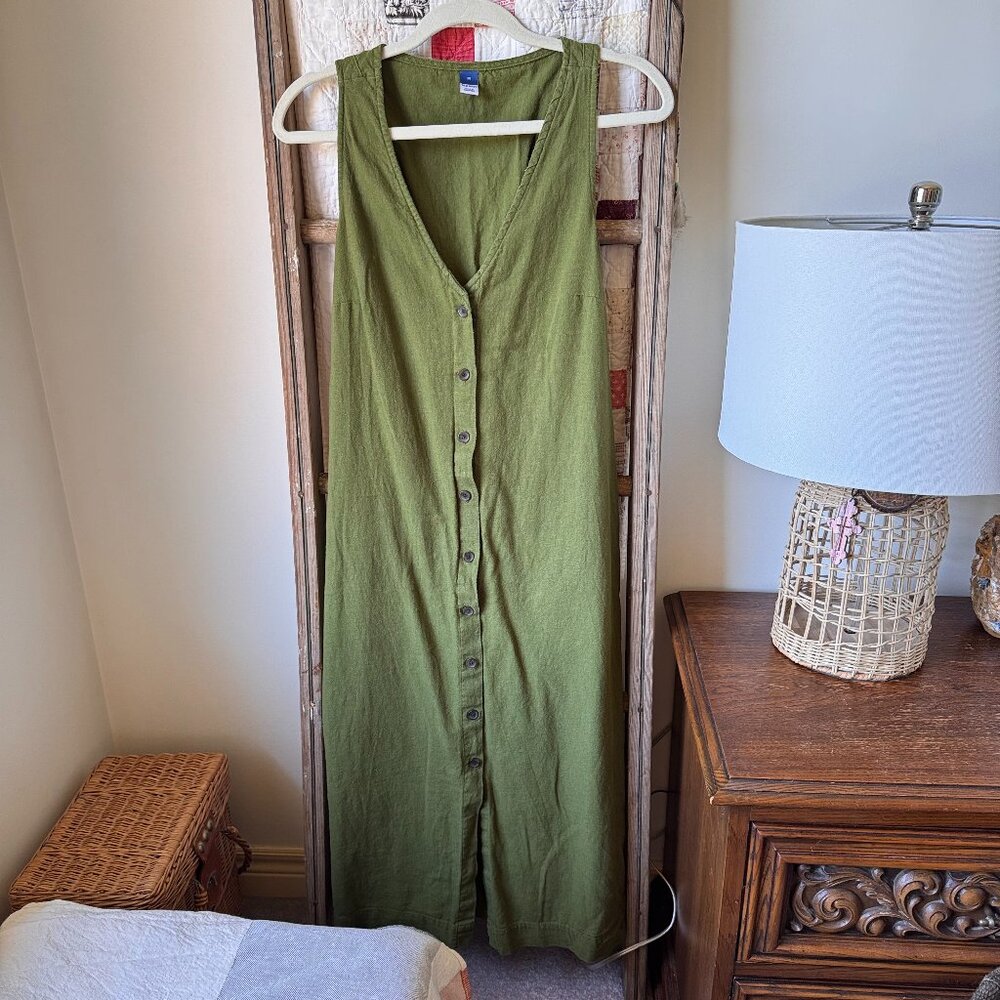 Sleeveless Button-Front Linen-Blend Maxi Shift Dress